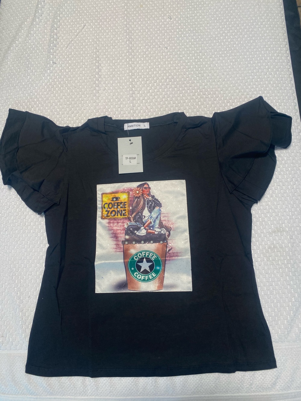 Women’s Black Graphic Tee with Coffee Moto Print